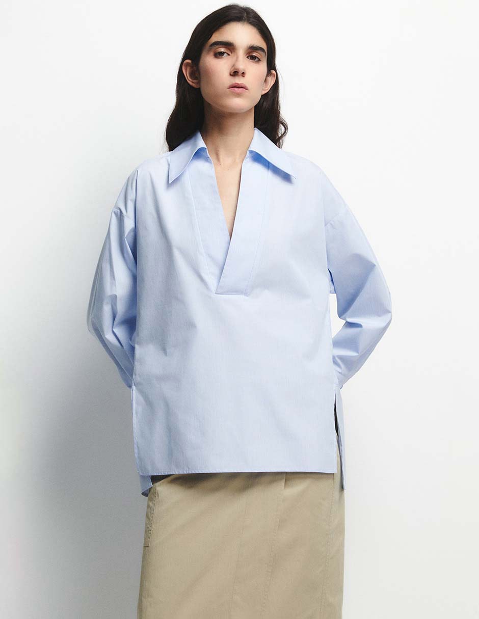 Camiseta Sfera cuello camisero escote con cuello manga larga de algodón